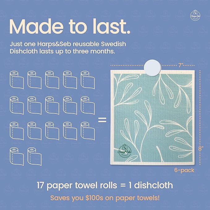 Harps&Seb Swedish Dishcloths for Kitchen Dishcloths - 6 Pack, Reusable Paper Towels with Clips, Super Absorbent Washable Non-Scratch Swedish Dish Towels, No Odor, Biodegradable