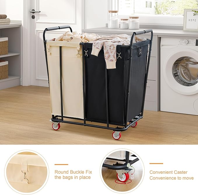 Hoctieon 2 Section Laundry Sorter Cart, 400L Rolling Hamper with Wheels, Industrial Laundry Basket Organizer, Extra Large Dirty Clothes Hamper for Home & Hotel, Heavy Duty, Black+Beige