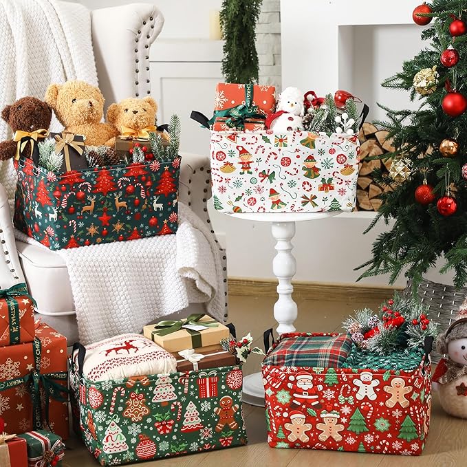 4 Pack Christmas Storage Bin Collapsible Large Christmas Storage Baskets for Gifts Xmas Tree Canvas Laundry Basket Foldable Box with Handle for Office Home Bedroom Clothes Toys Holiday Decor