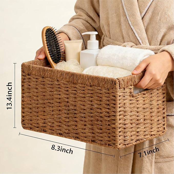 UBBCARE 4 Pack Wicker Basket, 13.4L×8.3H×7.1W inch Woven Paper Rope Storage Baskets for shelves, Foldable Rectangular Storage Baskets with Handle, Storage Basket for Organizing, Caramel