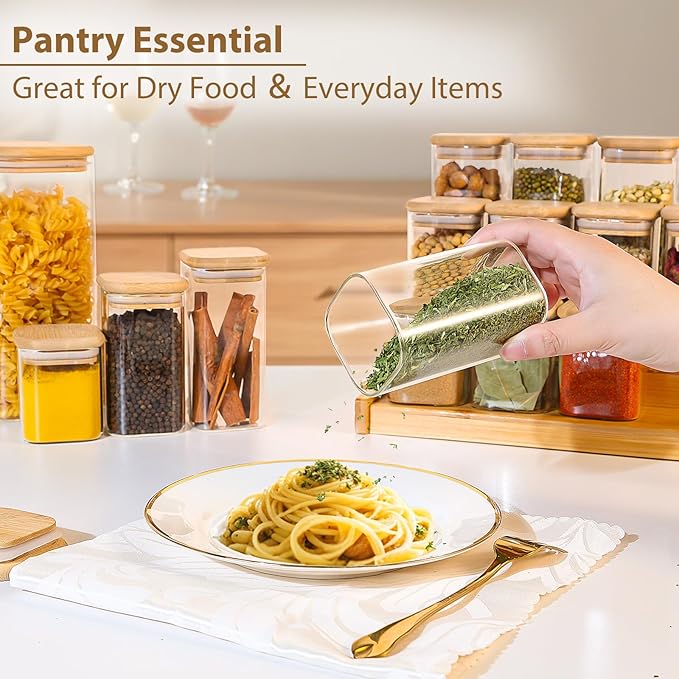 20 Pack 8 oz Square Glass Spice Jars with Lids and Labels – Airtight Small Spice Containers Set, Clear Glass Storage Jars for Seasoning, Spices, Kitchen Pantry Organization