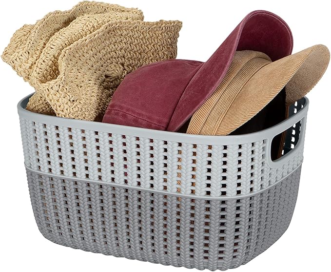 Simplify 2 Tone Sailor Knot Plastic Storage Tote | Decorative Basket | Closet Organization | De-clutter | Accessories | Toys | Bathroom Organization | Medium | Grey/Grey