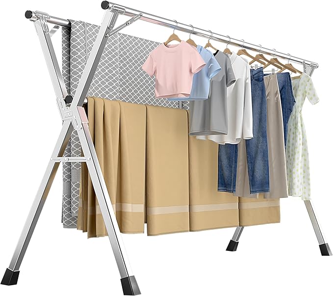 Lrjyxq 63 Inches Heavy - Duty Stainless Steel Folding Clothes Drying Rack Clothing Indoor Outdoor Anti-Rust 20 Windproof Hooks Portable & Foldable Laundry Rack (63'')