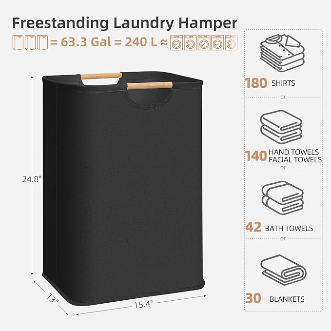 STORAGE MANIAC 3-Pack Large Laundry Hamper, 80L (21.1 Gal) Collapsible Laundry Basket with Bamboo Handles, Freestanding Waterproof Clothes Hamper for Laundry Room, Bedroom, Dorm, Towels, Toys, Black