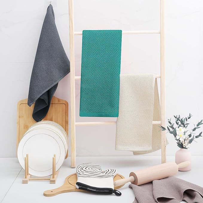 Homaxy 100% Cotton Waffle Weave Kitchen Dish Towels, Ultra Soft Absorbent Quick Drying Cleaning Towel, 13 x 28 Inches, 4-Pack, Teal