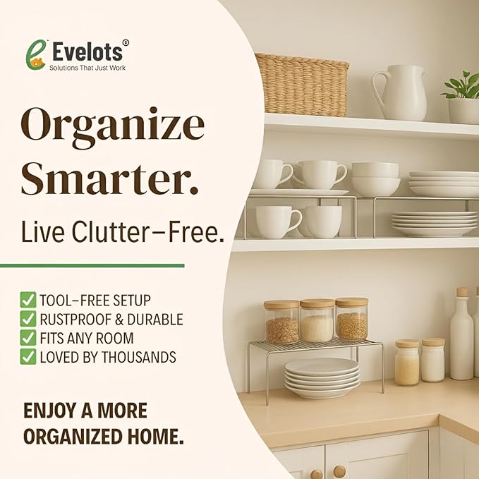Evelots Kitchen Cabinet Wire Shelf Organizer/Rack - 4 Pack Sturdy Large Metal Shelf Risers - Double Your Counter Space - Great for Kitchen, Freezer, Pantry and Bathroom - Rustproof - Chrome