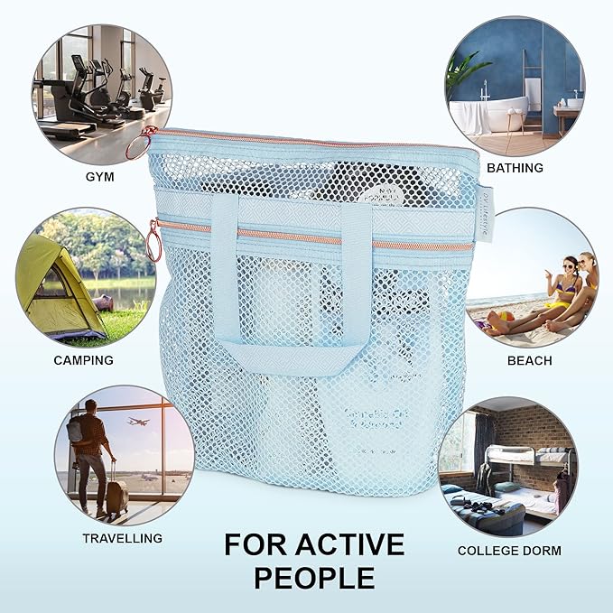 Mesh Shower Bag 10.2x9.9'' Quick-Dry Caddy with Zipper & 2 Pockets. Portable Toiletry Tote for Bathroom, Gym, Travel, Camp, Beach, for Sunscreen, Dorm & College Essentials (Blue)