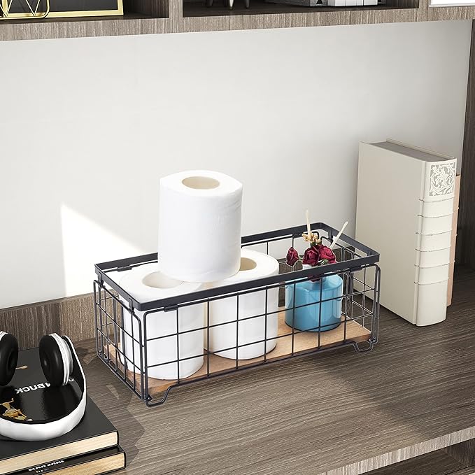 Metal Wire Storage Basket, Toilet Paper Roll Holder Wood Base Countertop Decor Box Toilet Tank Shelf Cabinet Organizer for Bathroom Pantry Garage Bedroom Livingroom - Black
