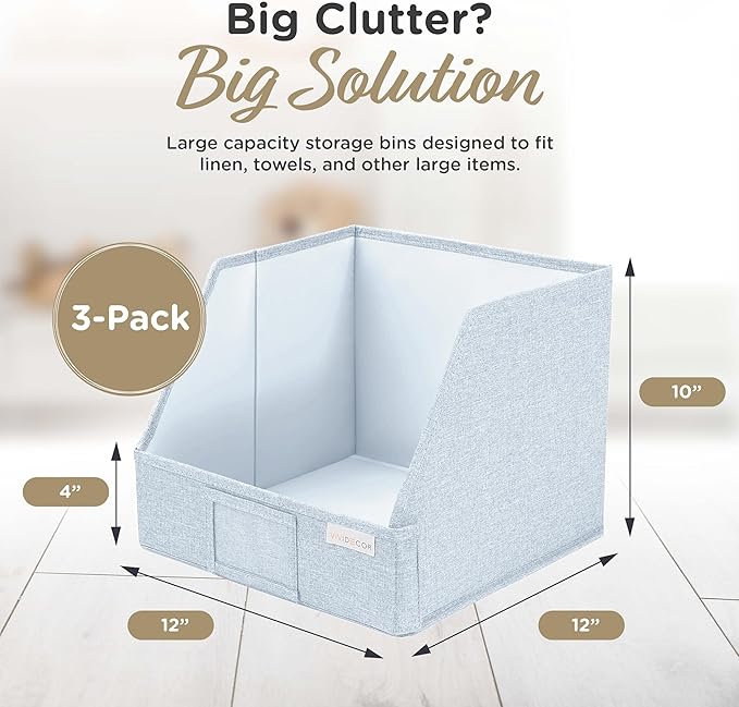 VIVIDECOR Trapezoid Storage Bins – 12"x12"x10"x 4" Closet Shelf Organizer & Baskets, Fabric Storage Baskets, Collapsible Organizer Boxes for Towels, Baby Clothes, Spring Wardrobes – Light Blue, 3 Pack