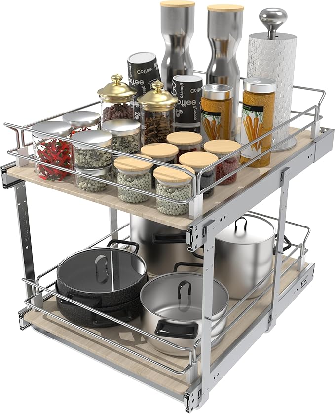 2 Tier Pull Out Cabinet Organizer 18" W X 22" D, Slide Out Drawers For Kitchen Cabinets, Pull Out Drawers For Cabinets Capacity Heavy Duty Caddy, Cabinet Pullout Shelves Wood Chrome, Pantry Storage