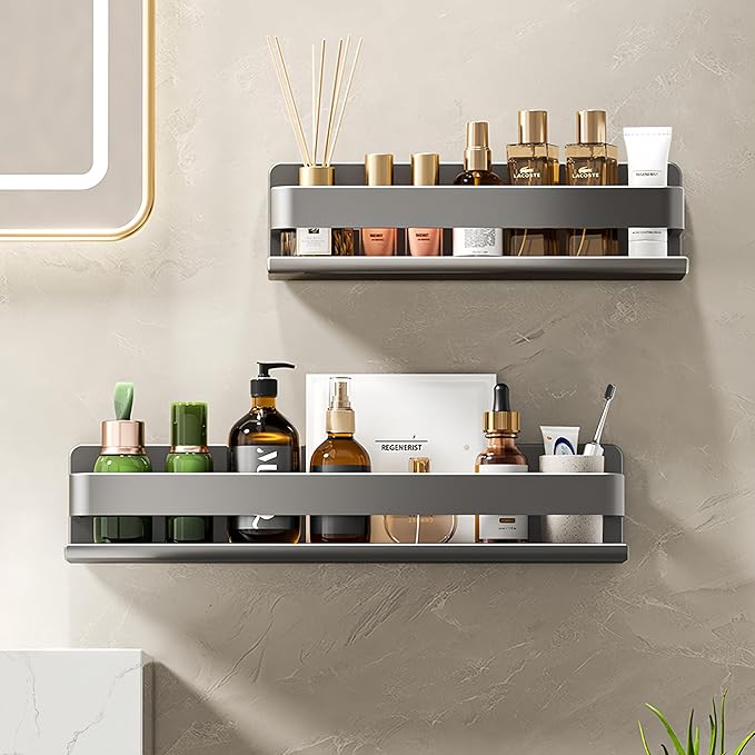 Adhesive Wall Mount Spice Rack Carbon Steel, No-Drill Dark Gray Spice Organizer, Multi-Purpose Kitchen Bathroom Storage Shelf for Countertop Cabinet