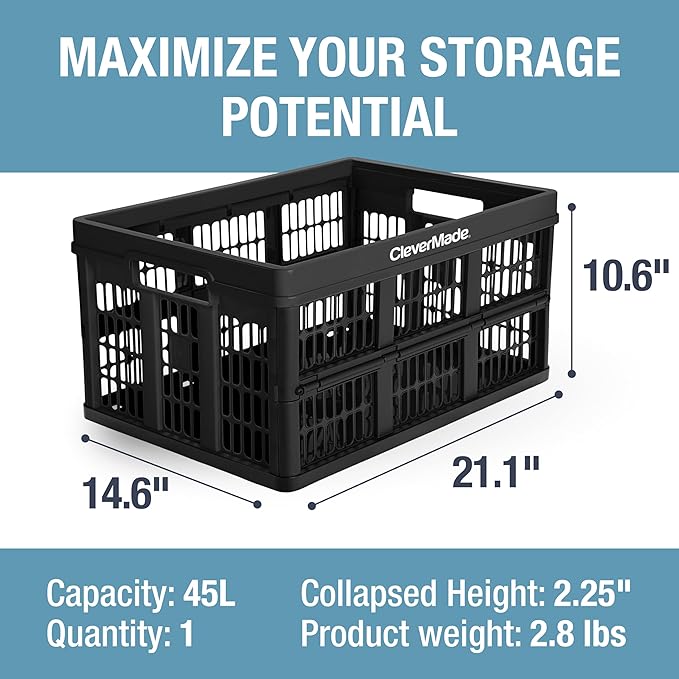 CleverMade Collapsible Utility Crates-Obsidian 1pck 45L / 11 Gal holds 66 lbs - Stackable Containers Heavy Duty Capacity Crates - Space-Saving Baskets