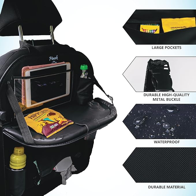 Car Backseat Organizer with Built-in Foldable Tray | Double Layered Leather, Waterproof Car Seat Organizer with - Pockets | Easy Installation, Perfect for Family Trips and Daily Use