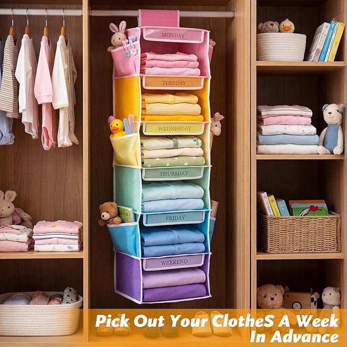 Colarr Hanging Closet Organizer and Storage, 6 Shelf Weekly Clothes Organizer Daily Clothing Organization Labeled Shelves with Days and Color Labels for Home School Clothing Storage