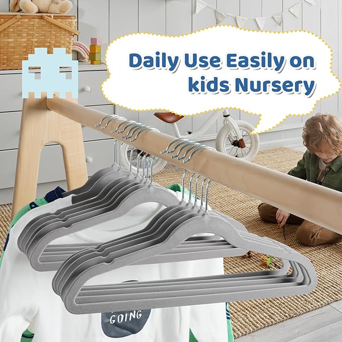 Smartor Premium 14 Inch Kids Hangers 50 Pack, Grey Baby Velvet Hanger, Non Slip, Space Saving Felt Hangers Clothes Organizers for Closet with 360° Swivel Hook for Children, Toddler & Teens