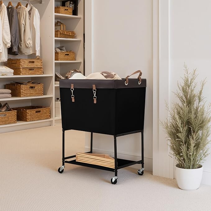 StorageWorks Laundry Cart, 2 Tier Rolling Laundry Basket, Heavy Duty Laundry Basket with Lockable Wheels, Laundry Room Organization and Storage, Clothes Hamper for Bedroom, Dorm, Closet, 29Gal, Black