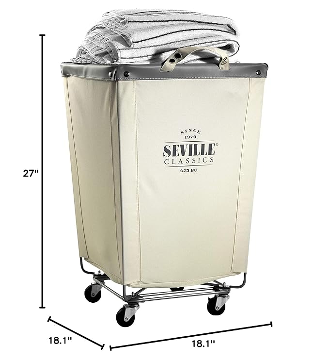 Seville Classics Large Commercial Heavy Duty Rolling Steel Frame Laundry Hamper Canvas Cart Bin, w/ Wheels for Hotel, Home, Closet, Bedroom (PATENTED), Cream, 18.1" D x 18.1" W