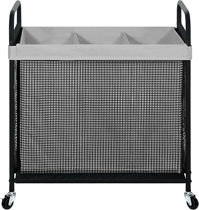 STO STO Laundry Hamper 3 Section, 120L Rolling Laundry Sorter Cart with Removable and Washable Liner Bag, Clothes Hamper with Wheels and Metal Handle for Laundry Room and Bedroom, Gray