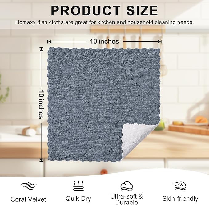 Homaxy 12 Pack Kitchen Cloths Dish Towels (10" x 10", Dark Grey & White), Super Soft and Absorbent Dish Cloths, Coral Velvet Microfiber Cleaning Cloth, Nonstick Oil Fast Dry Dishcloths