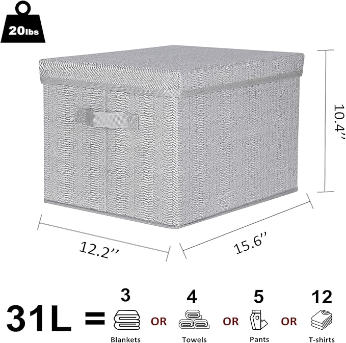 WUIKE 3 Pack Extra Large Foldable Storage Bins with Lids, Fabric Storage Bins for Home and Closet Organization, Herringbone Gray