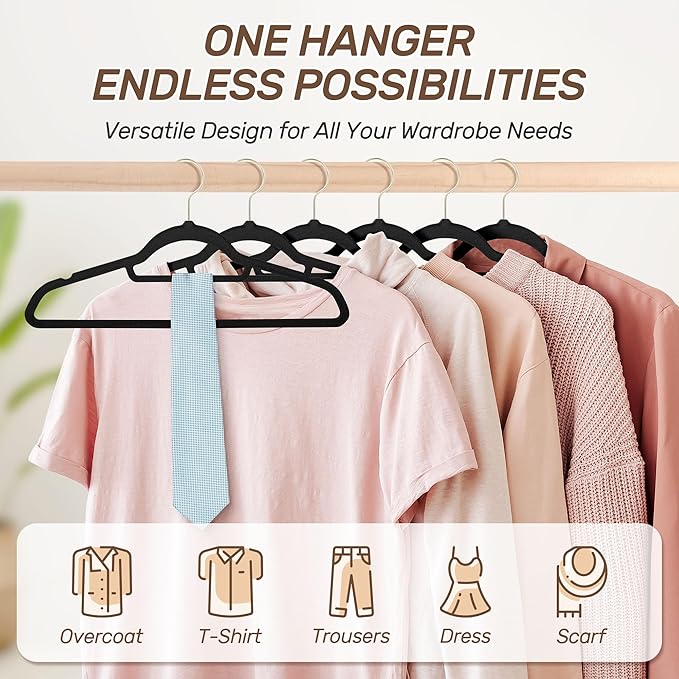 Velvet Hangers 30 Pack with Gold Hooks, Non-Slip Slim Felt Hanger for Clothes, Space Saving Heavy Duty Flocked Hangers for Dresses, Coats, Pants(Black)