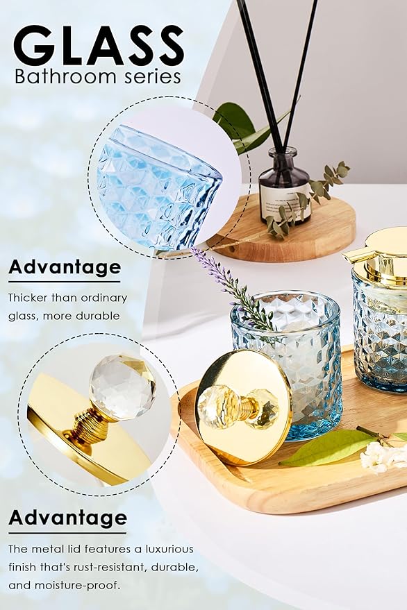 Blue Bathroom Accessories, 4Pcs Blue Bathroom Accessory Set Complete, Toothbrush Holder Set, Soap Dispenser, Qtip Holder, Tumbler, Perfect for Bathroom Decor and Vanity