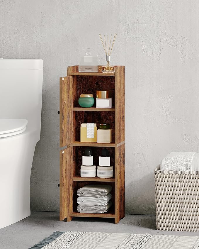 Bathroom Storage Cabinet, Small Corner Floor Cabinet with 2 Doors and Adjustable Shelf, Narrow Toilet Paper Cabinets, Bathroom Organizer for Small Spaces, 7.9"D x 9.8"W x 29.5"H Rustic Brown