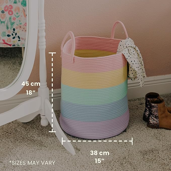 OrganiHaus Large Rainbow Woven Laundry Basket w/Handles 52L, Decorative Toy Storage Bin for Nursery, Colorful Blanket Basket for Playroom, Baby Laundry Hamper, Fun Kids Room Decor Organizer