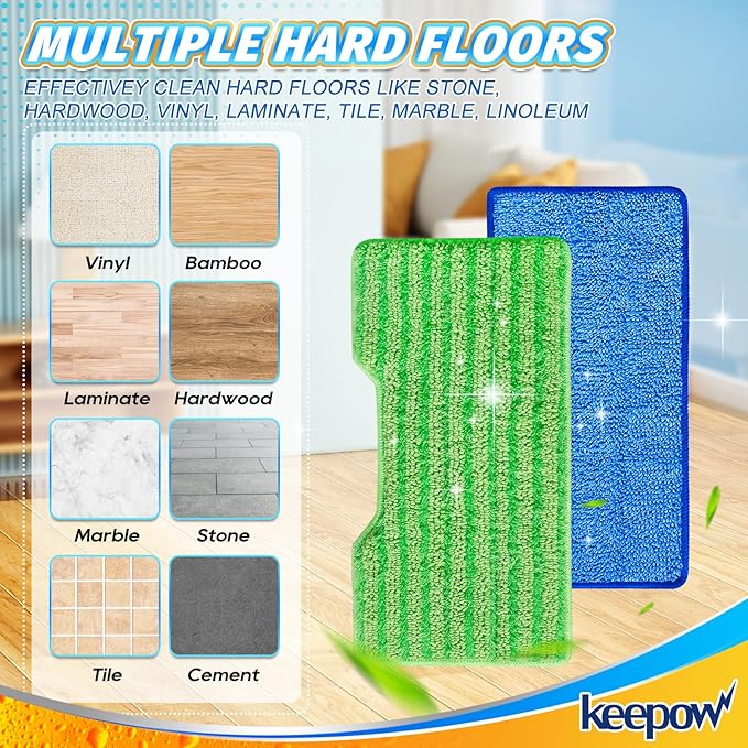 KEEPOW Reusable Microfiber Mop Pads Refills Compatible with Shark VACMOP VM252 VM200 VM401 VM180 VM252GN VC205 VM250 VM190 VM200P12, Upgraded Dirt Chamber for Hard Floor, Blue & Green, 1+1+1+1 Pack