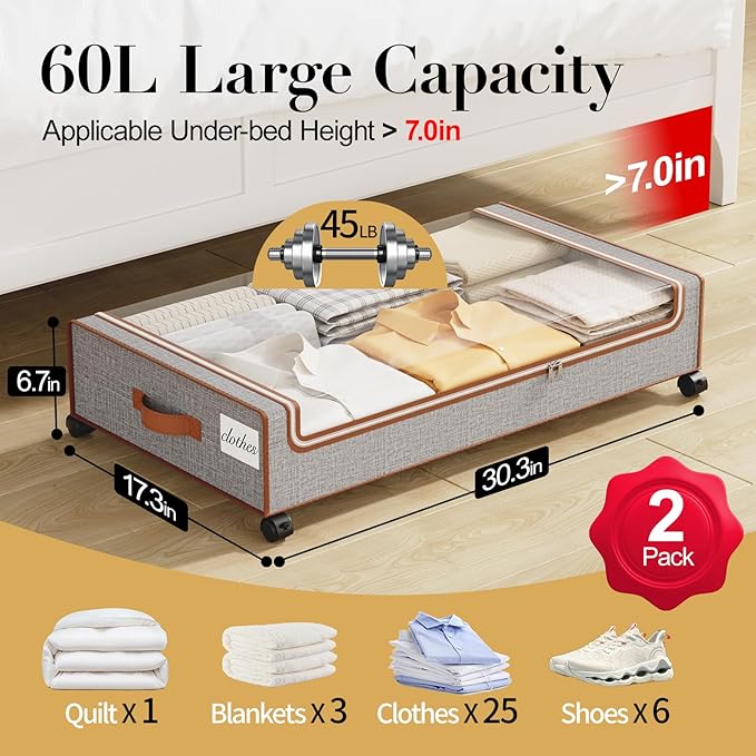 Yecaye Under Bed Storage with Wheels, 2 Pack Under the Bed Storage Containers with Lids & Label, XXL 60L Rolling Underbed Storage Drawers for Clothes, Blankets, Shoes