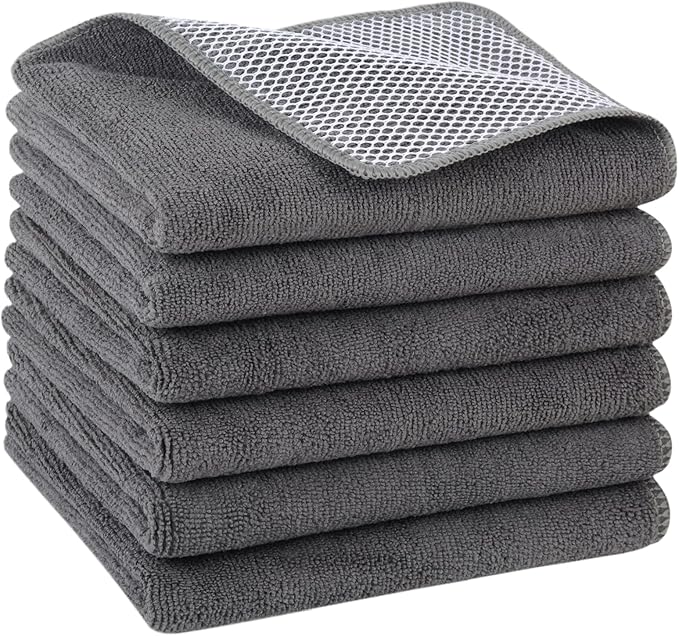 KinHwa Kitchen Washcloths for Dishes Absorbent Microfiber Dish Cloths Dish Towels for Kitchen Quick Dry Dish Rags with Poly Scour Scrub Side Ideal for Kitchen Cleaning (Gray, 15inchx25inch 6pack)