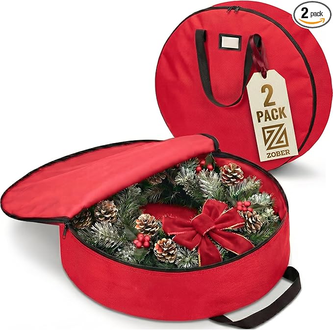 ZOBER 2 Pack Oxford Christmas Wreath Storage Container 36 Inch - Wreath Bag for Artificial Wreaths Box - Waterproof Fabric, Dual Zippered Wreaths Storage Bag With Strong Durable Handles - Red