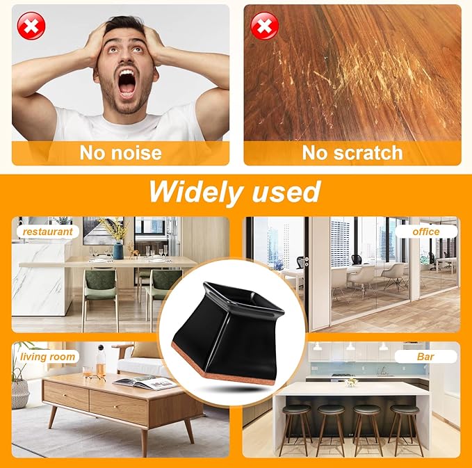 CHUNZEXI 24 Pack Square Chair Leg Floor Protectors for Hardwood Floors, Silicone Felt Covers Pads Caps, Protect Wood Furniture Feet Floors Noise Reduce and Scratch (Square Large & Black)
