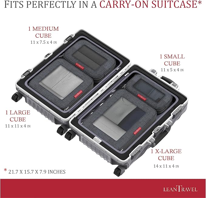LeanTravel Compression Packing Cubes for Travel Organizers with Double Zipper 4 pack - Black Color