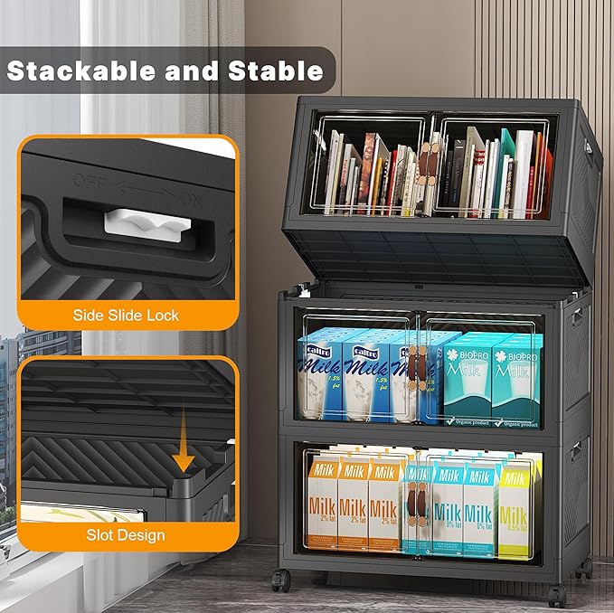 Extra Large Stackable Storage Bins with Lids & Wheels & Door,Foldable Collapsible Closet Organizers, Plastic containers drawers for bedroom Dorm (Dark-55qt, 3Pack with 1 top lid)
