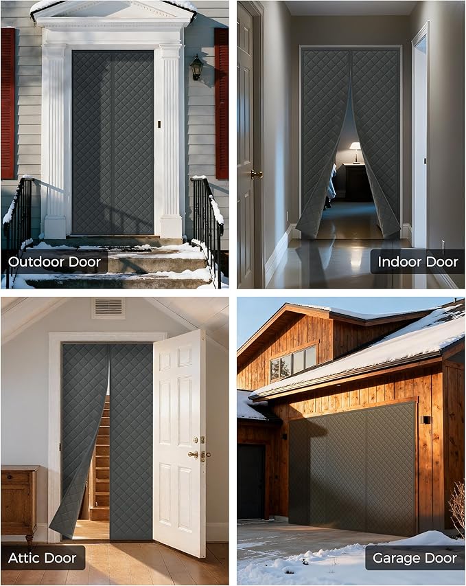 Magnetic Thermal Insulated Door Curtain Fits Door Size 32 x 80 Inch, Insulation Cover for Cold, Oxford Cloth Thicken Cotton Filled Blanket for Front Back Attic Door in Winter, Grey