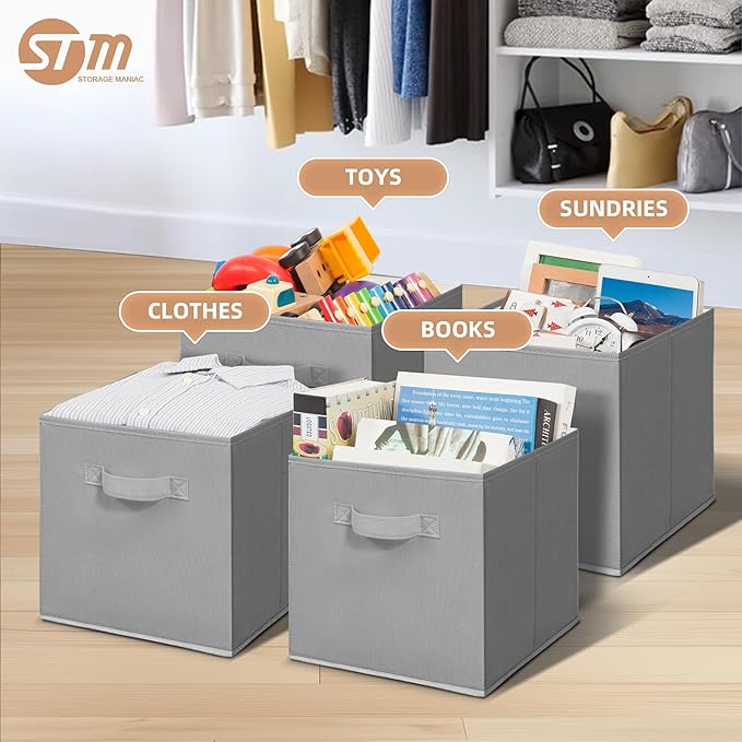 STORAGE MANIAC Storage Cubes, 11 Inch Collapsible Storage Bins with Handles, 10 Pack Fabric Foldable Bins for Organization, Durable Storage Bins for Closet, Shelves, Offices, Toys, 10-Pack Grey