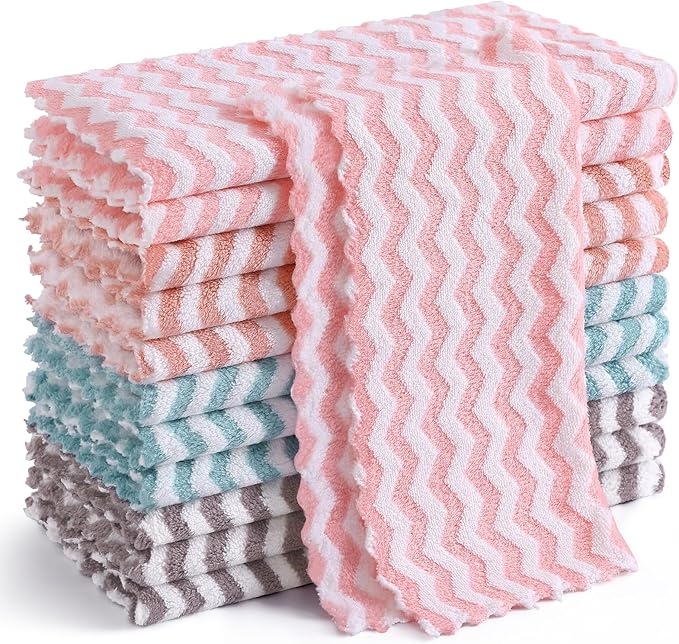 Homaxy 12 Pack Kitchen Dish Cloths, Ultra Soft and Absorbent Dish Towels, Reusable Fast Drying Microfiber Cleaning Cloth, Wave Coral Velvet No-lint Cleaning Rags, 10 x 10 inches, Multicolor