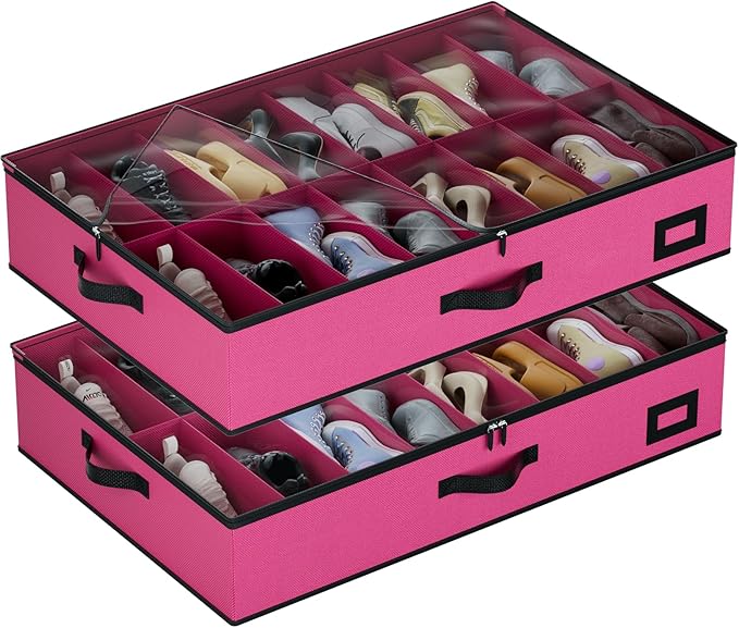 homyfort Under Bed Shoe Storage Organizer, 600D Material Underbed Shoes Storage Containers, set of 2, fits up to 32 Pairs of Shoes (Pink)