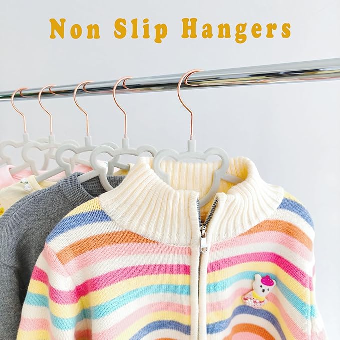 30 Pack Gray Velvet Baby and Kids Clothes Hangers - 12.6in for Ages 4-10, with Cute Bear, Rotating Rose Gold Hook, Non-Slip, Space-Saving Slim Felt Hangers for Toddler Coats, Jackets, Dresses