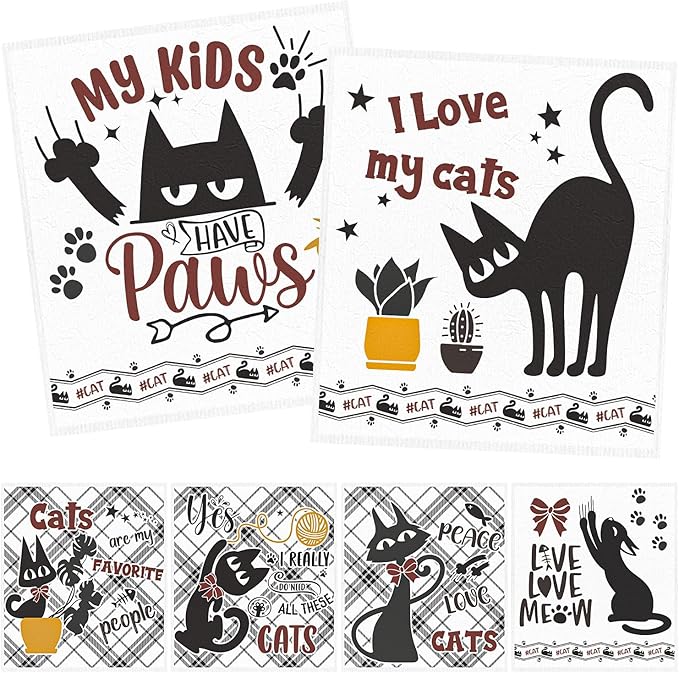 Reusable Swedish Dishcloths for Kitchen, 6PCS Black Cat Theme Cellulose Sponge Paper Towels Washable, Funny Absorbent Fast Drying Swedish Dish Cloth for Home Cleaning