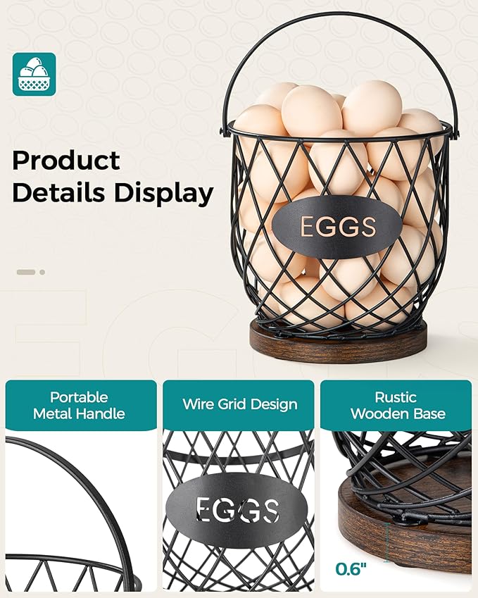 Chicken Egg Basket for Gathering Fresh Eggs with Metal Handle, Wire Egg Collecting Basket with Wooden Base, Round Egg Holder Countertop, Vintage Rustic Farmhouse Kitchen Decor Fruit Storage