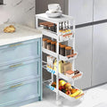 Slim Storage Cart, 5-Tier Narrow Rolling Kitchen Laundry Room Cart with Drawer and Wheels, Metal Utility Cart Slide Out Organizer for Small Spaces (White)