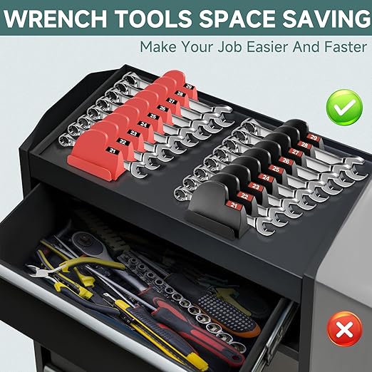 48PCS Tool Magnetic Wrench Organizer,Customizable Magnet Modular Tool Organizer for Tool Drawers - Wrench Rack with Metric&SAE Labels-Perfect Tool Storage Holder-Ideal Gift Choice(Red with Magnets)