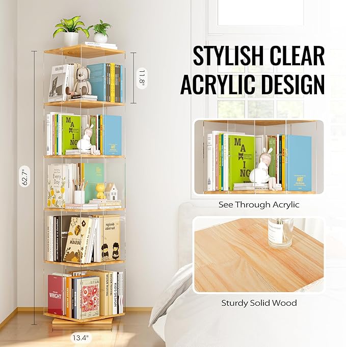 5-Tier Rotating Bookshelf, 360° Spinning Book Shelf Tower with Solid Wood & Clear Acrylic, Square Revolving Bookcase for Kids Room, Living Room, Bedroom and Office