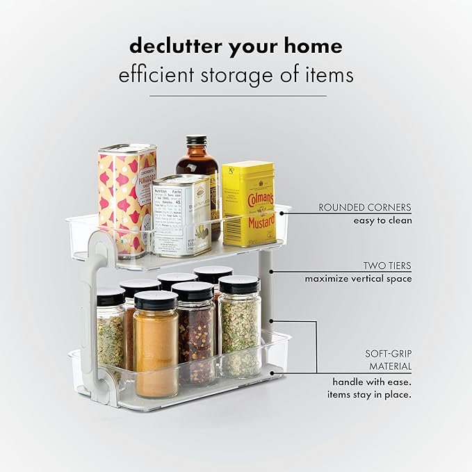 madesmart Tiered Spice Organizer, 8 Jars for Kitchen Essentials, Vertical Storage for Salt, Pepper, Cayenne, Soft-Grip Lining, Dual Handles, Grey