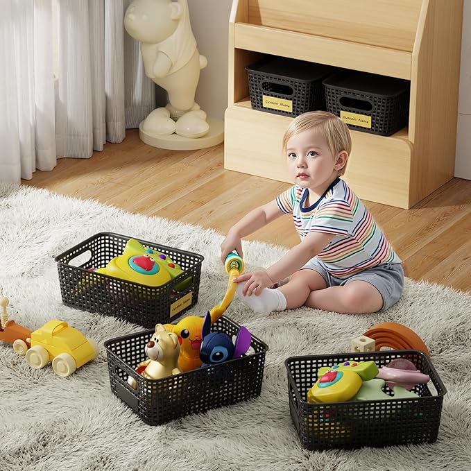 8 PCS Plastic Storage Baskets with Lids, Stackable Storage Bins with Lids & Labels for Organizing, Small Storage Bins for shelves, Office, Drawer, Cabinet & Pantry,Nursery Organization,10.2*7.2*4.1In