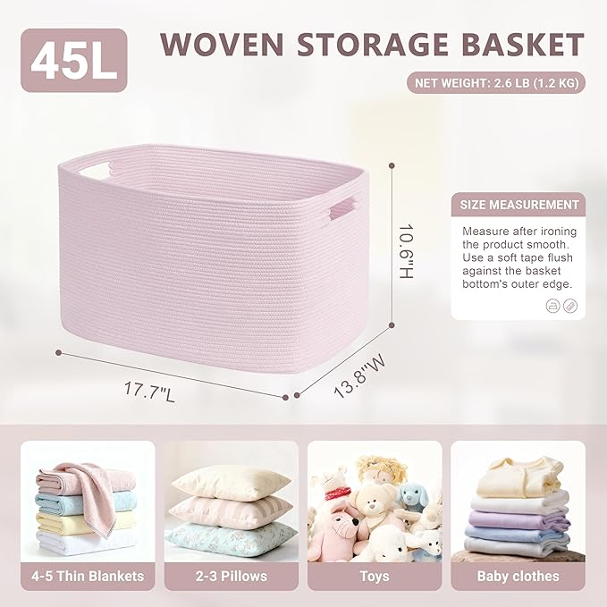45L Small Baby Girls Laundry Basket for Nursery Storage,Cute Woven cotton Rope Baskets for Kids Toy，Gifts, Boho Square Wicker Blanket hamper for Living Room,Bedroom Dirty Clothes,Pink