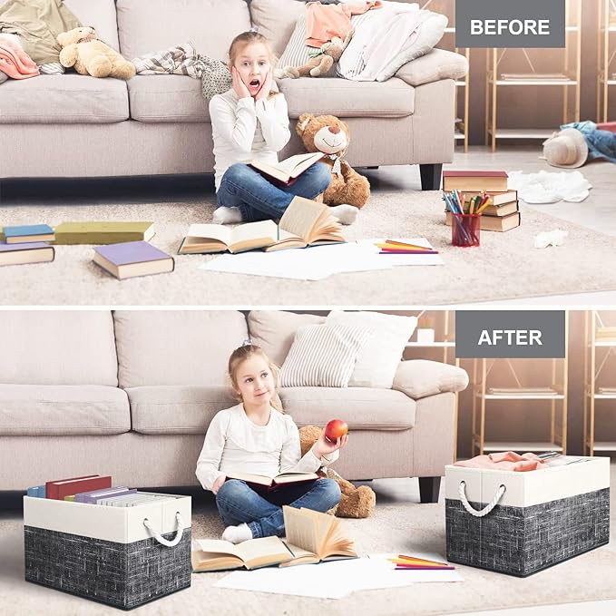 Fab totes Storage Bins [6-Pack], Foldable Storage Baskets for Organizing Toys, Books, Shelves, Closet, Large Storage Box with Rope Handles, Sturdy Organizer Bins, White & Black