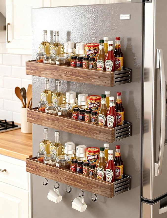 spice rack wood kitchen spice rack wall mounted adjustable adhesive or screw, hung on the door and wall, black large rack for storing items in refrigerators and ovens
